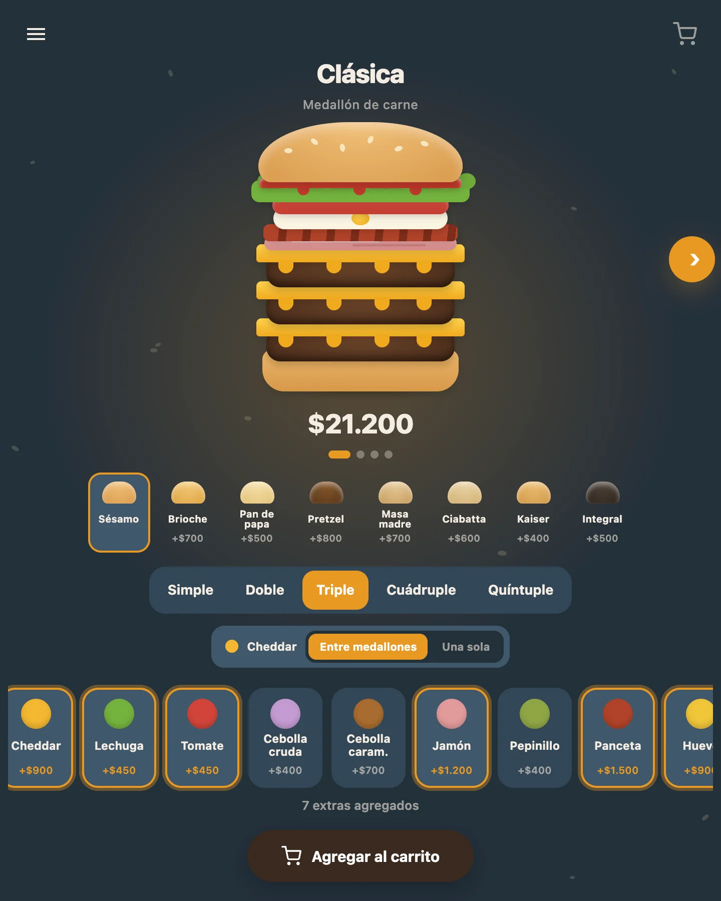 Armador de hamburguesa: capas que se apilan (medallones, cheddar, panceta), elección de pan y de simple a quíntuple