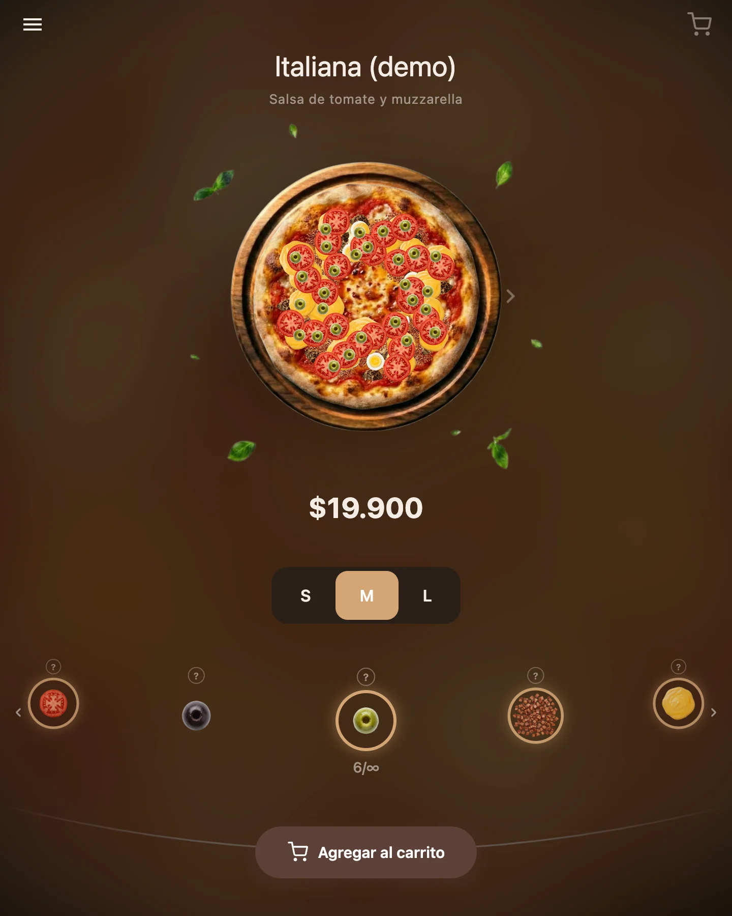 Armador de pizza: el cliente elige tomate, aceitunas y más ingredientes que se acomodan sobre la pizza, con selector de tamaño S/M/L