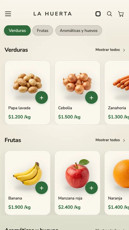 El mismo diseño Signature en una verdulería, en la vista de todo el menú: tema claro, acento verde, venta por kilo
