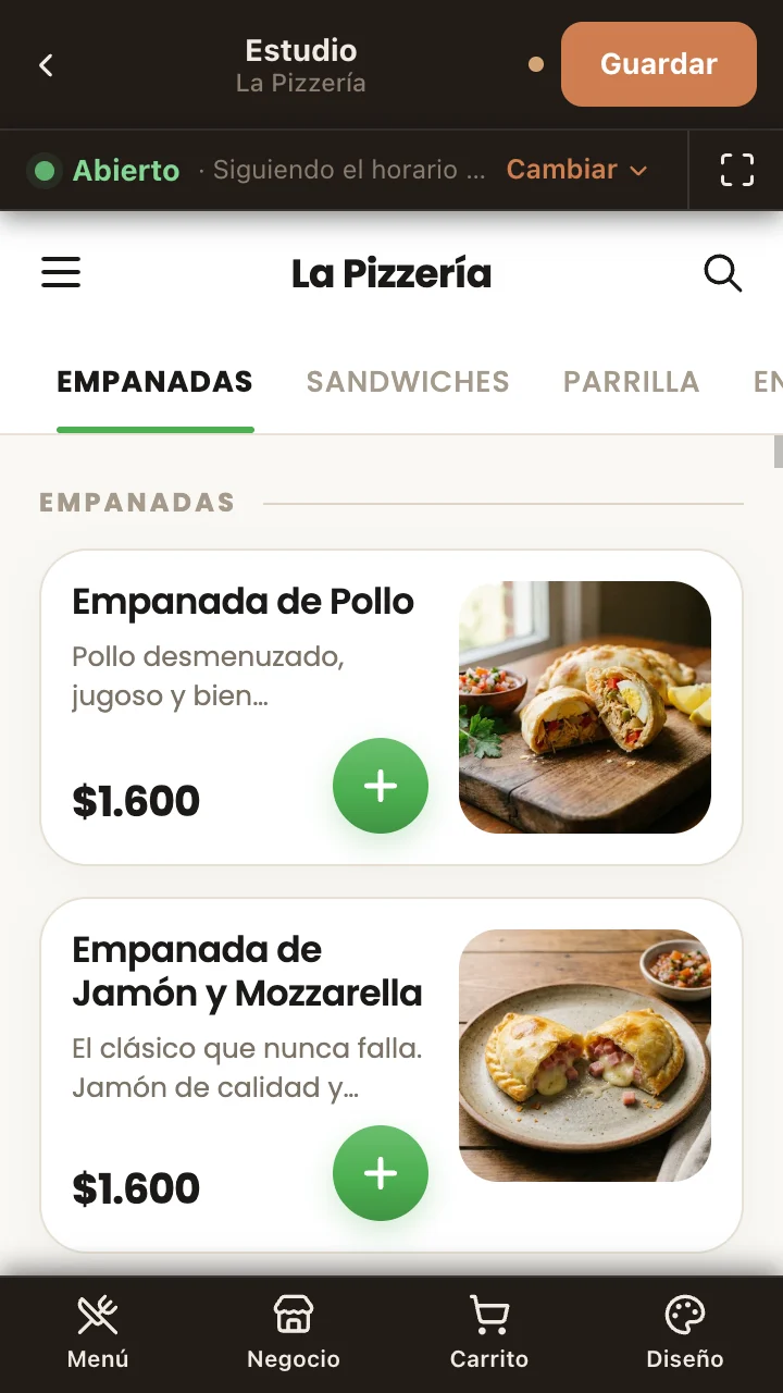 El Estudio en el celular: editando el menú de La Pizzería en vivo, con el botón Guardar