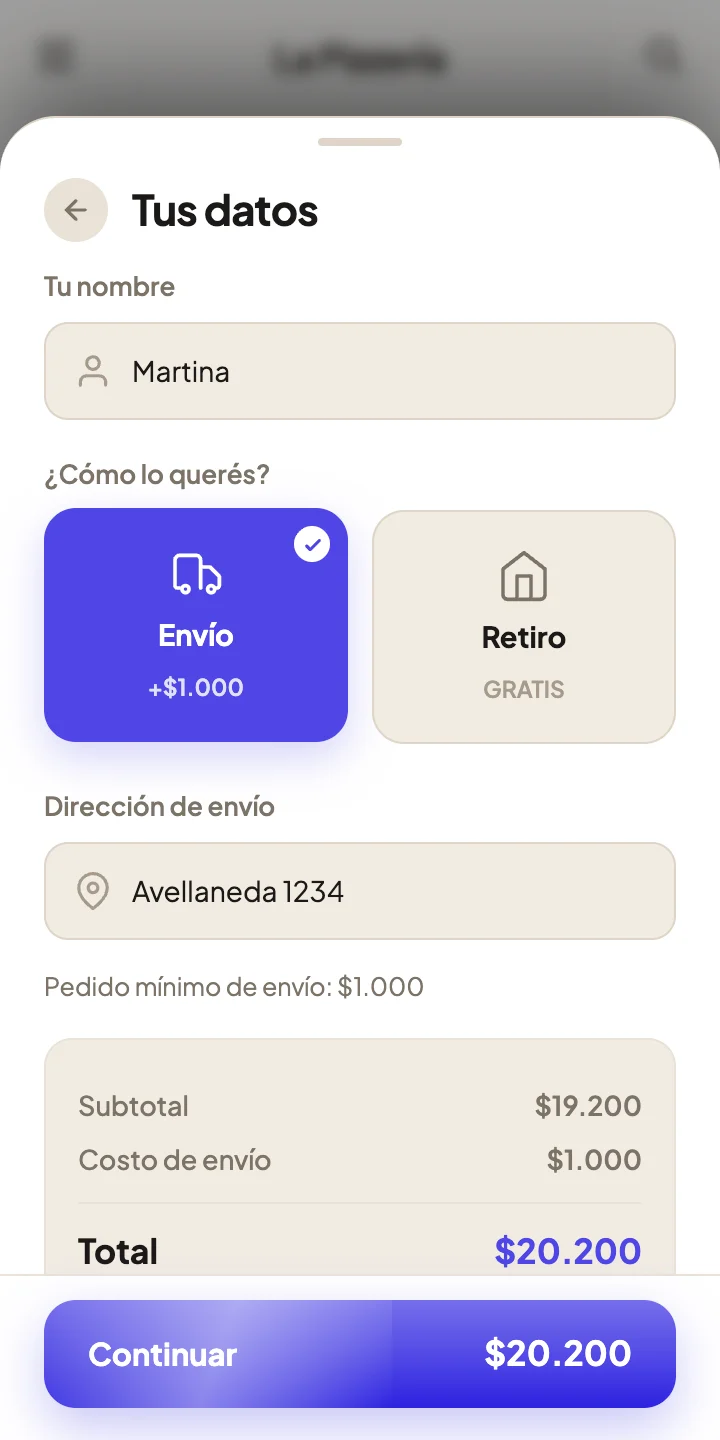 Pantalla de datos: nombre, envío o retiro, dirección y total