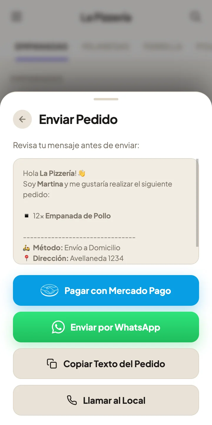 Pantalla de envío del pedido: pagar con Mercado Pago o enviar por WhatsApp