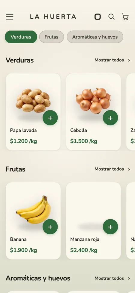 Un menú de verdulería en el celular: papa lavada a $1.200 el kilo, cebolla a $1.500 el kilo, banana y manzana, cada una con su foto.