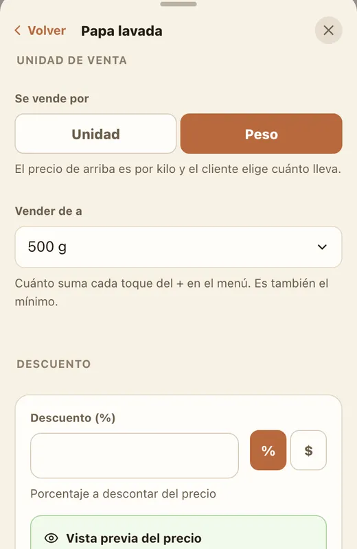 La sección Unidad de venta: Se vende por Peso, Vender de a 500 g, y la vista previa del precio: $1.200 /kg.