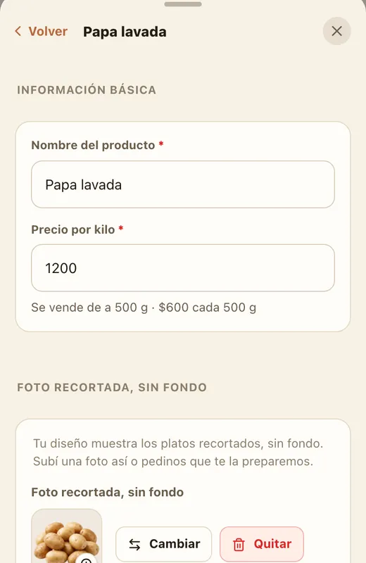 El editor del producto: nombre Papa lavada, Precio por kilo 1200 y debajo «Se vende de a 500 g · $600 cada 500 g».
