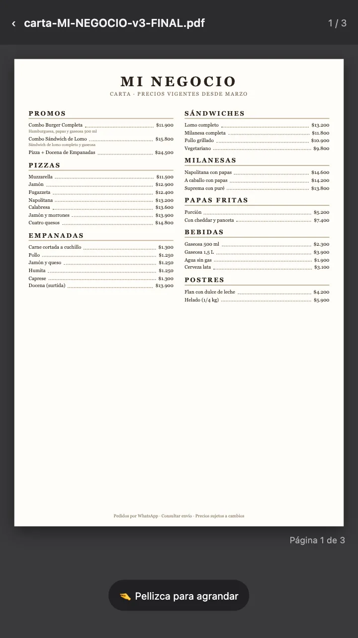 Una carta en PDF abierta en el celular: dos columnas de letra chica, precios vigentes desde marzo y el aviso «Pellizca para agrandar».