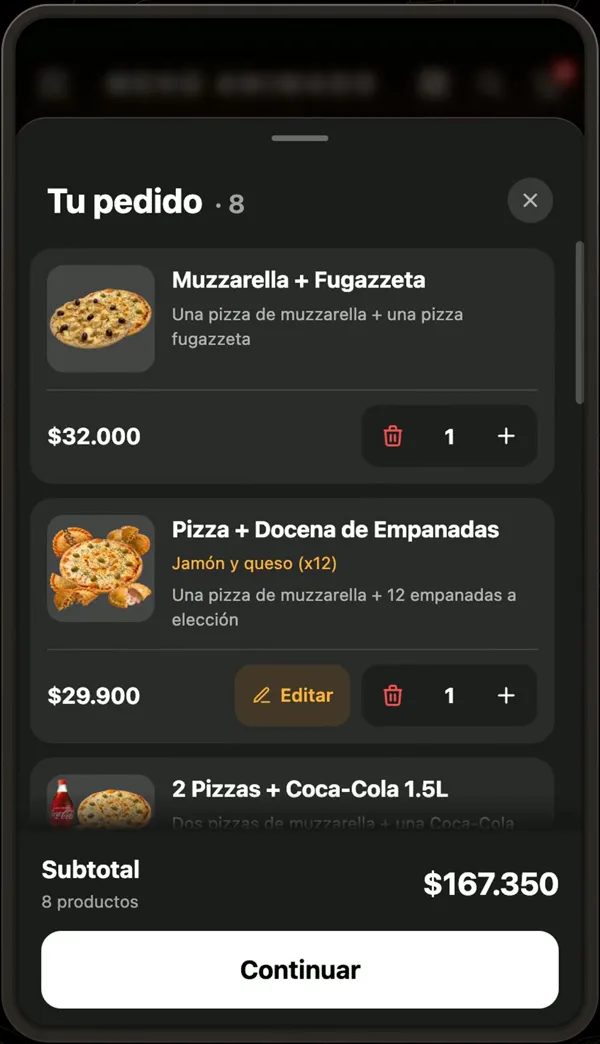 El carrito del menú, donde el cliente arma su pedido.