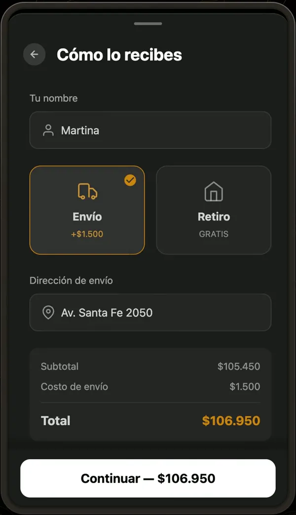 Pantalla «Cómo lo recibes» con nombre, envío o retiro, dirección y total con envío.