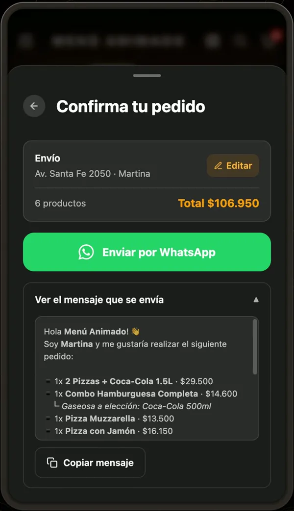 Pantalla «Confirma tu pedido» con el botón «Enviar por WhatsApp» y la vista previa del mensaje.