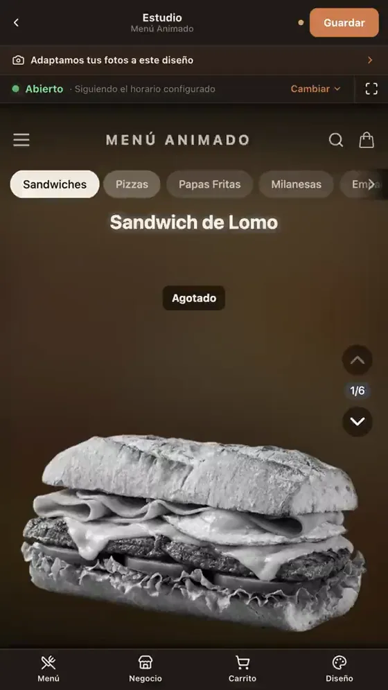 El menú muestra el sándwich de lomo en gris con la etiqueta «Agotado».