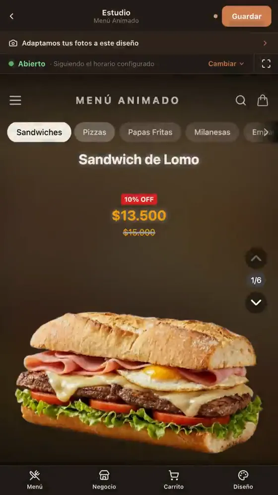 El menú con el precio anterior del sándwich de lomo, $13.500 con 10 % de descuento sobre $15.000.