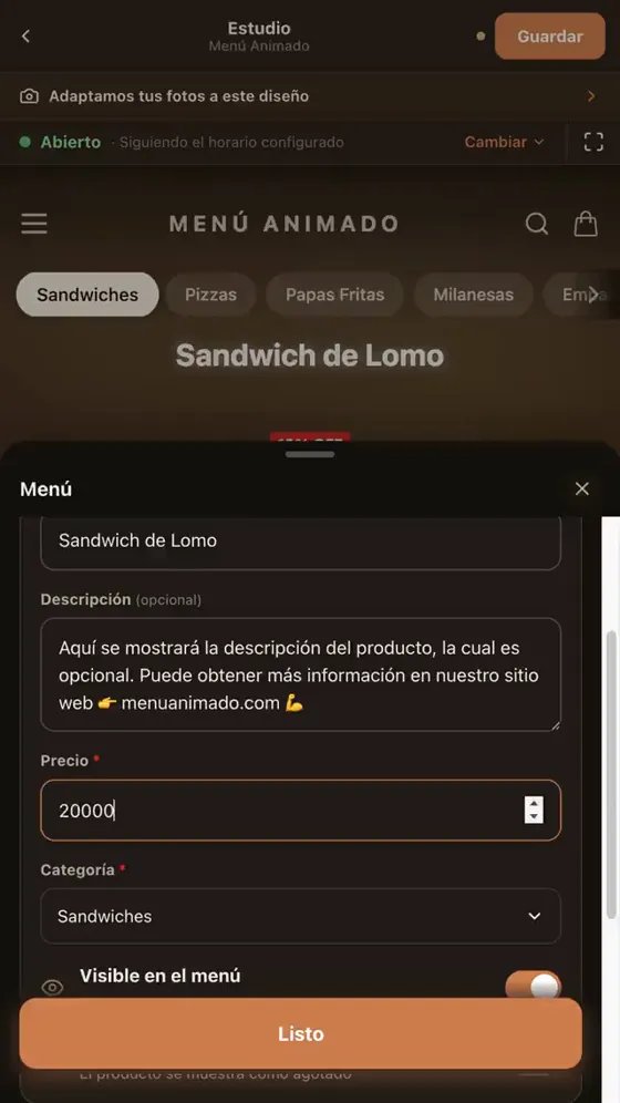 Edición de un producto desde el celular: el precio pasa a 20.000.