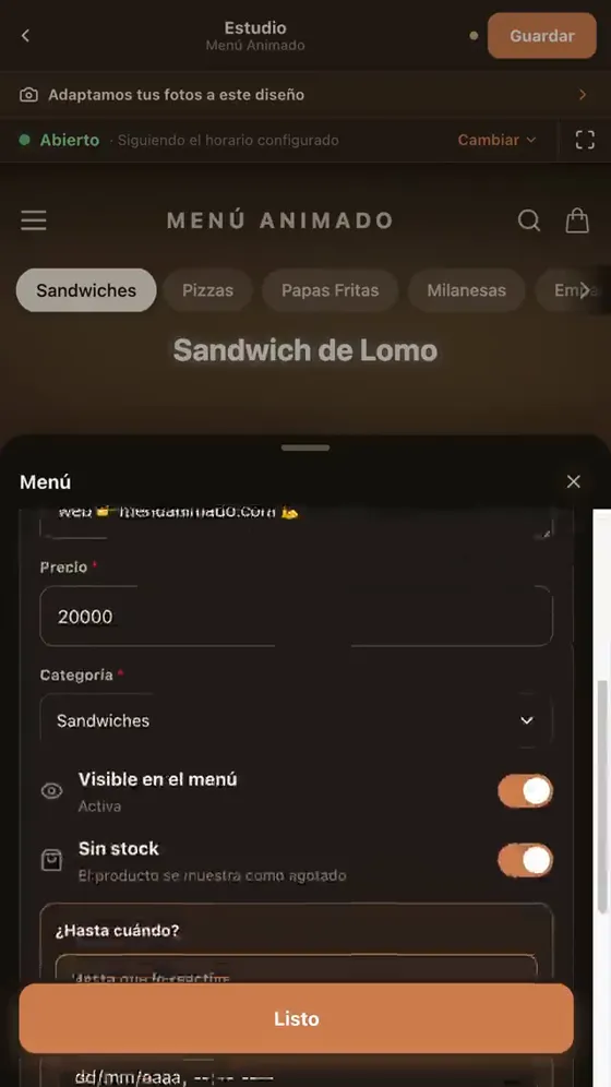 La ficha del producto con «Sin stock» activado y la pregunta «¿Hasta cuándo?».