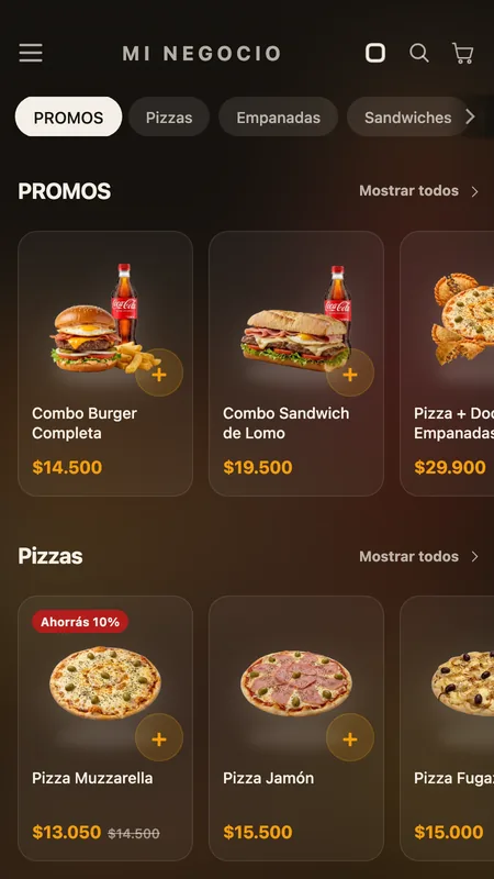 El mismo menú visto todo junto, varios productos por categoría